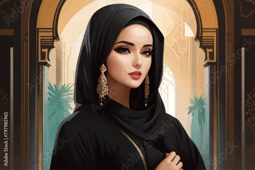 a beautiful Arabic woman wearing black abaya illustration