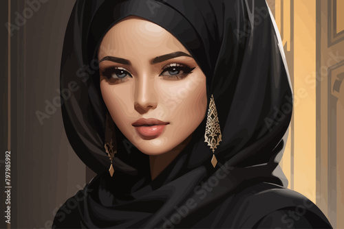 a beautiful Arabic woman wearing black abaya illustration