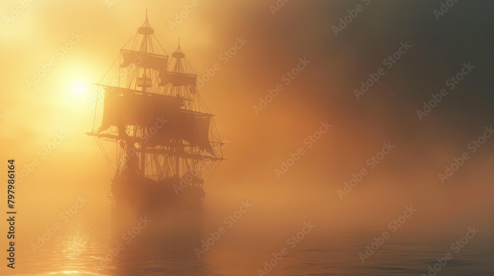 A ship sails in the foggy ocean with the sun setting in the background. Scene is mysterious and serene