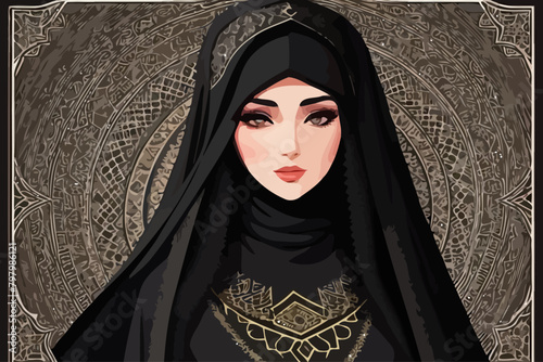 a beautiful Arabic woman wearing black abaya illustration