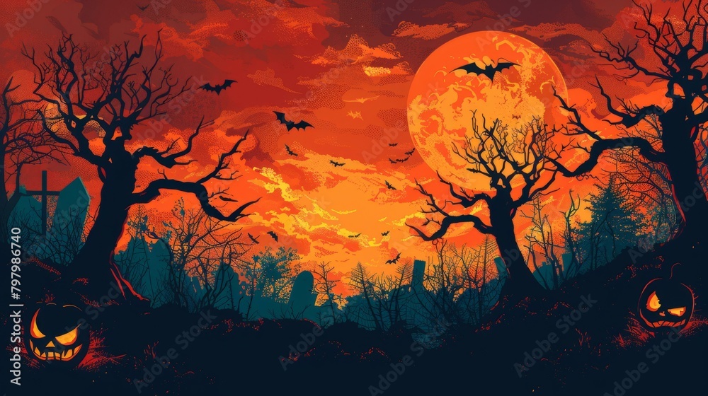 b'Halloween landscape with pumpkins, bats, leafless trees and a large moon'