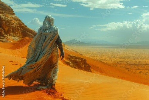 b'A person standing on a sand dune in the middle of a desert'