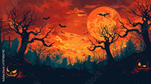 b'Halloween landscape with pumpkins, bats, leafless trees and a large moon'
