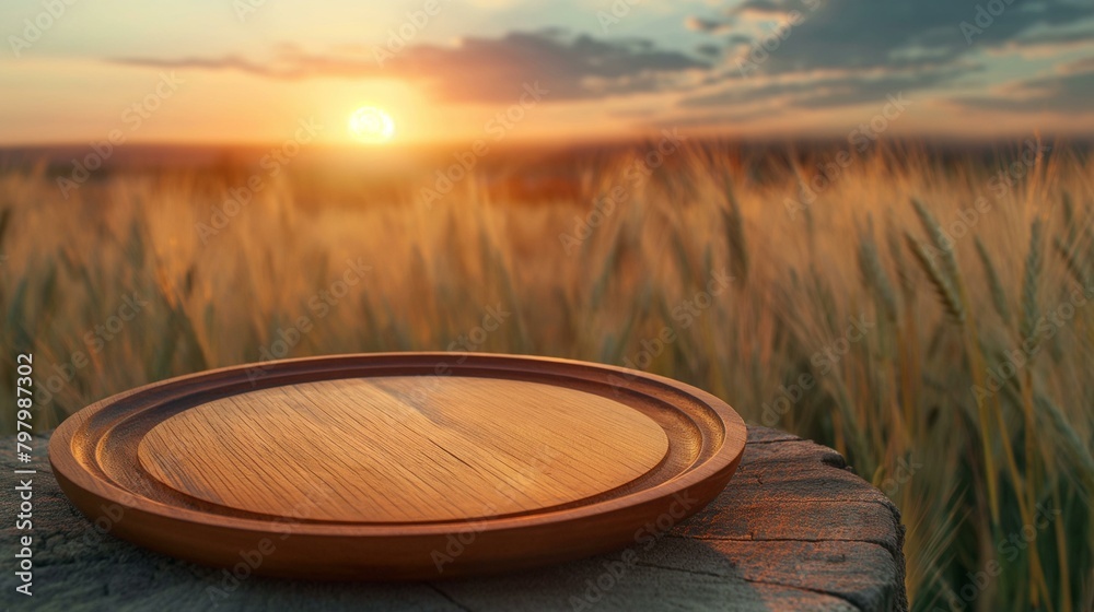 Obraz premium Rustic Wooden Plate on Stone Table Overlooking Golden Wheat Field at Sunset