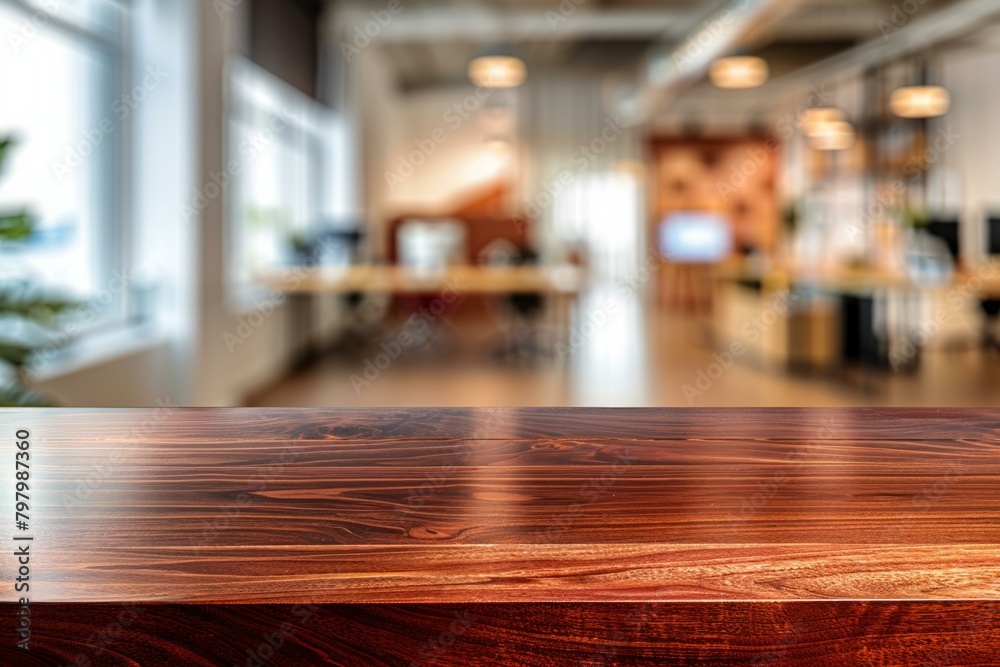 b'An empty wooden table with an out of focus office space in the background'
