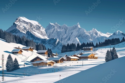 A scenic view of a ski resort in the snowy mountains. Perfect for winter sports advertisements