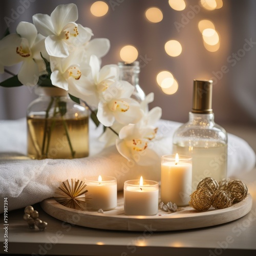 b'Orchid flowers and candles on a wooden tray with a white towel in the background'