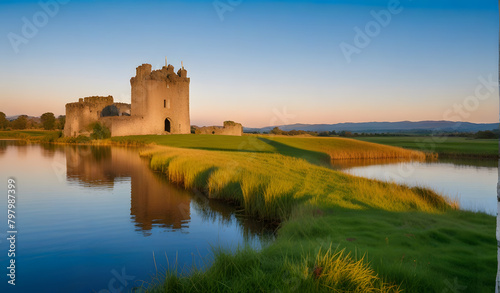 Ancient old Fortress Ross Castle ruin with lake and grass in Ireland during golden hour nobody