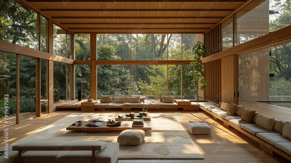 b'A wooden house with a large glass window looking out onto a forest'