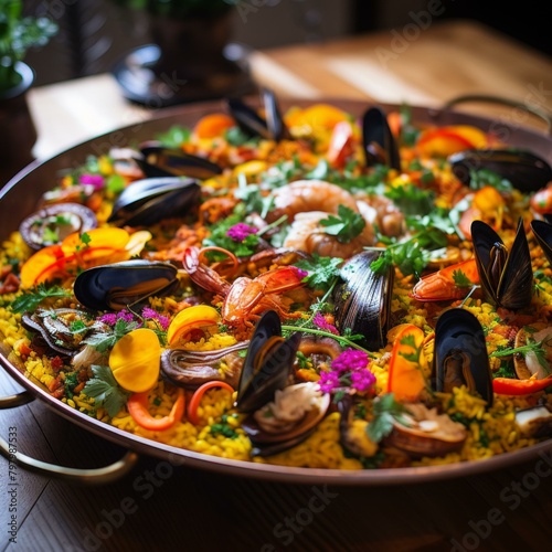 b'Seafood Paella with Mussels, Clams, and Shrimp'