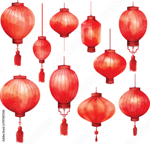 Red Chinese new year lanterns watercolor illustration