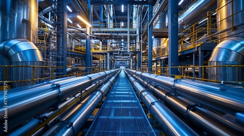 b'The maze of industrial pipelines and catwalks in a modern factory'