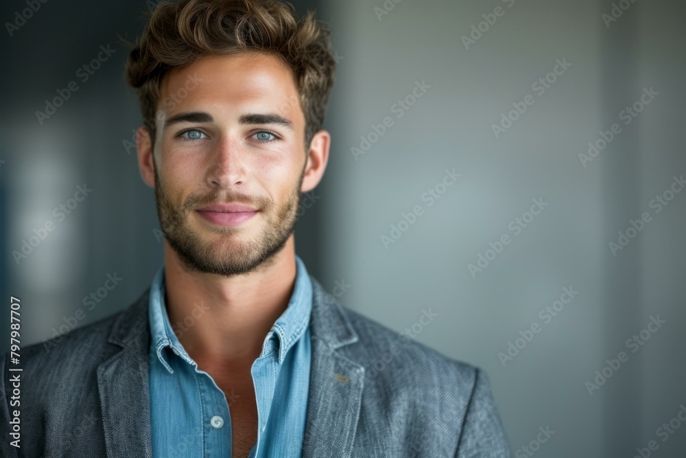 b'Portrait of a handsome young man with blue eyes and a beard wearing a casual shirt and jacket' b'Portrait of a handsome young man with blue eyes and a beard wearing a casual shirt and jacket'