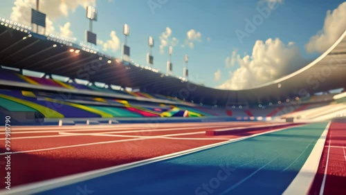 Empty track and field stadium with vibrant lanes and blue sky. Competitive sports and athletic concept for banner, poster.  photo