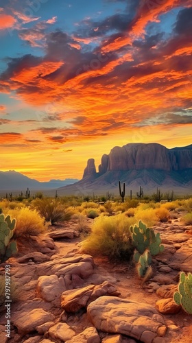 b'Arid desert landscape with red rock formations and cacti at sunset'