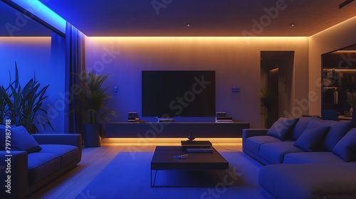 A minimalist living room with voice-activated lighting and sleek, integrated smart home panels