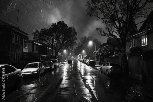 A black and white photo of a suburban street at night, with light from floodlights illuminating cars parked on both sides of an empty road. 