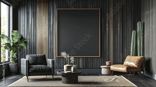 A Sophisticated Black Living Room with Retro Decor: A Stunning 3D Mockup Frame Embracing the Charm of Yesteryears