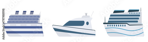 PNG, Sea ship. Set of flat yacht, boat, steamboat, ferry, fishing vessel, tugboat, pleasure boat, cruise ship. Sailboat isolated on white background. Ocean transport concept. Vector illustration