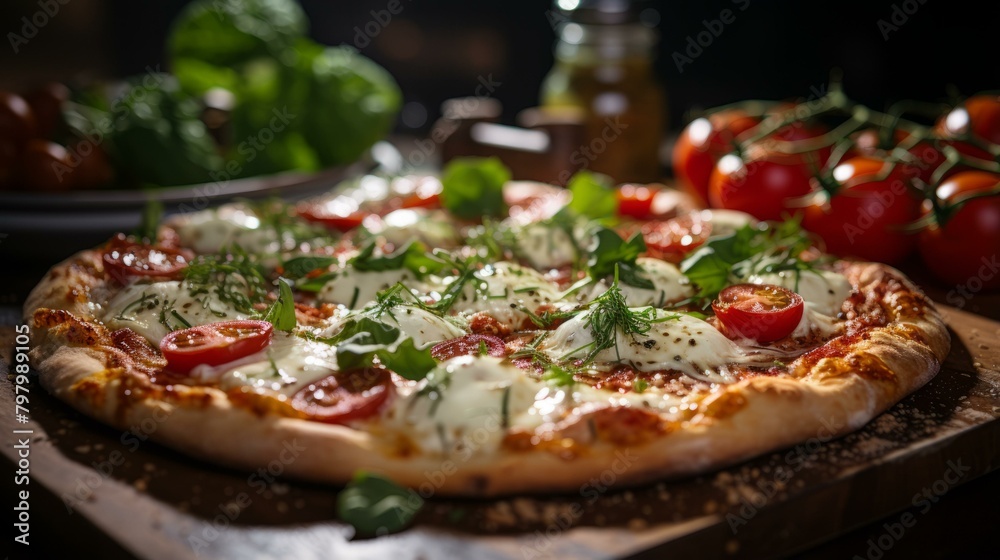 b'A delicious pizza with fresh tomatoes, basil, and mozzarella cheese'