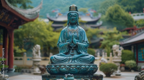 b Guanyin statue in a Chinese Buddhist temple with traditional Chinese architecture 