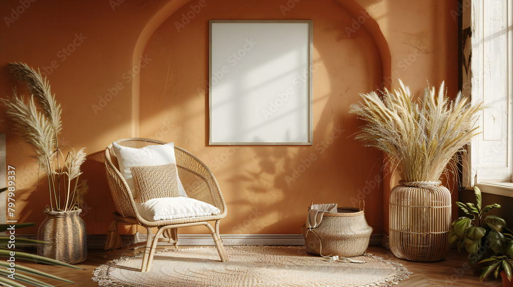 Nomadic Boho Charm: A Rustic and Elegant 3D Frame Set Amidst a Whimsical Interior Scene Nomadic Boho Charm: A Rustic and Elegant 3D Frame Set Amidst a Whimsical Interior Scene
