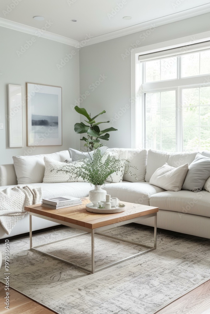 Fototapeta premium b'Bright and Airy Scandinavian Living Room With White Sofa and Neutral Rug'