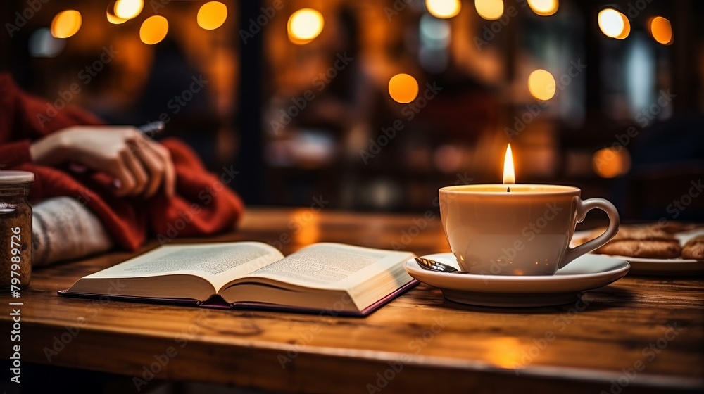 b'A woman is reading a book in a cafe.' b'A woman is reading a book in a cafe.'