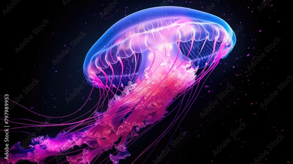 A jellyfish gracefully gliding through dark water, suitable for marine-themed designs A jellyfish gracefully gliding through dark water, suitable for marine-themed designs