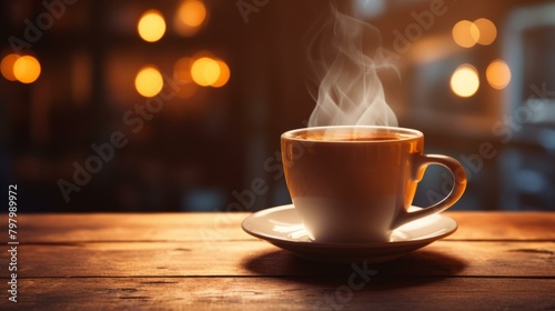 b'Aromatic cup of coffee on a wooden table against blurred background of warm lights'