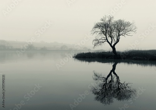 b'A Tree By The Lake With Its Reflection In The Water'