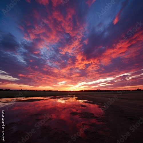 b A vivid sunset over a rural field with a pond reflecting the vibrant colors 