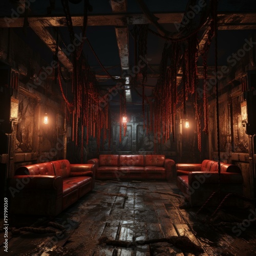 b'Red leather sofas in a dark room with hanging meat' photo