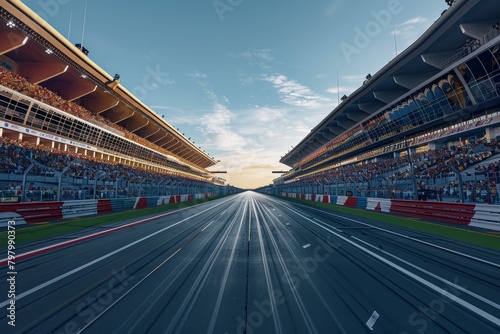 A Formula One race track with empty grandstands.