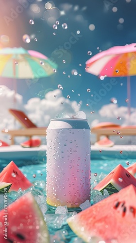 tropical freshness summertime drink in can packaging delight summer advertising background template mockup nature ingredient drink poster in water pool or sea sand ocean background