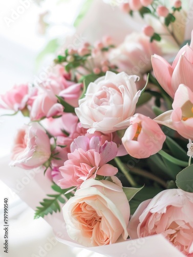 Close up of bridal bouquet  flower bouquets at the florist shop flowers in white orose tones photo