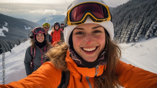 b'A group of friends skiing down a snowy mountain'