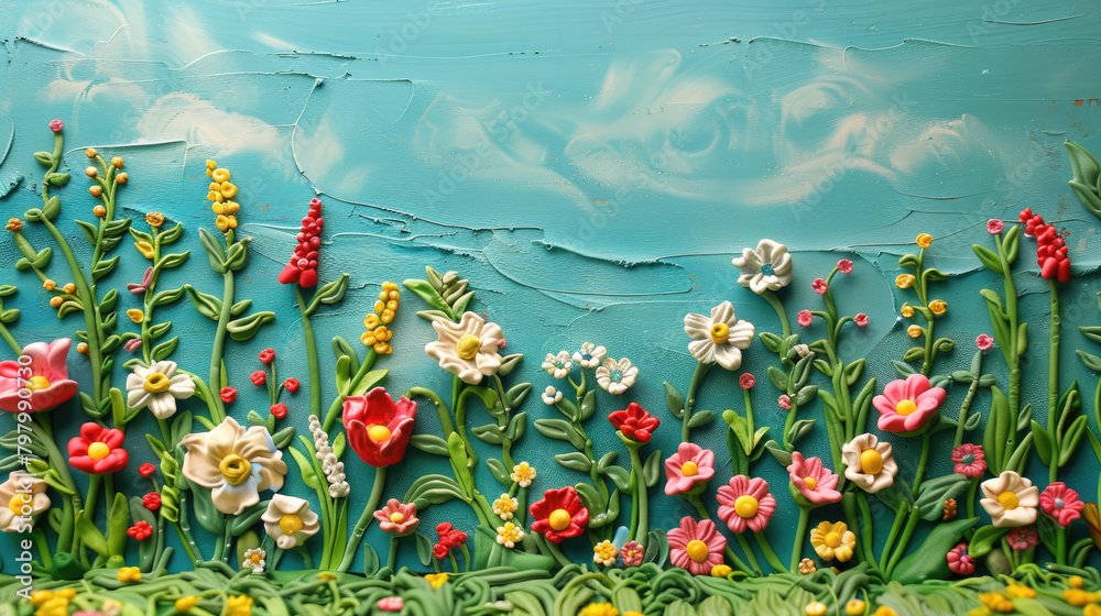 Children's smooth picture of flower meadow made of plasticine Children's smooth picture of flower meadow made of plasticine