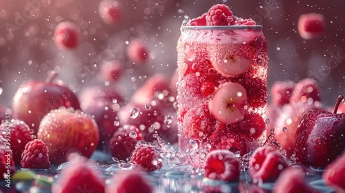 a small raspberry coloured can 250ml in size, condensation on the can, the can is short. It is falling stylistically. There are red apples and raspberries around it