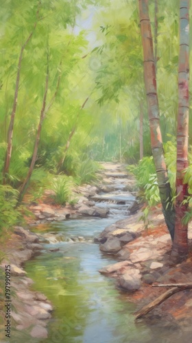 Landscape painting stream forest.