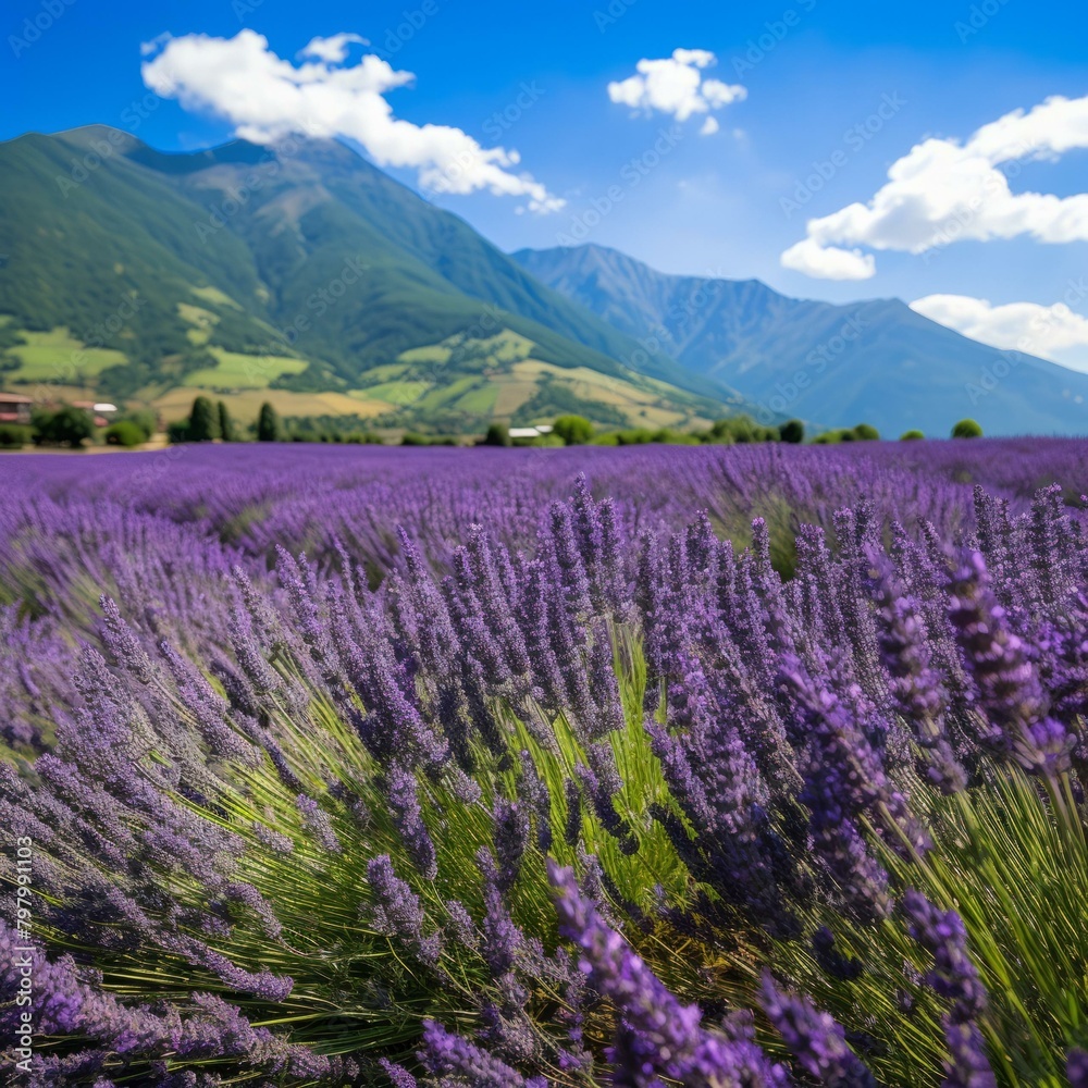 b'Field of lavender with mountains in the distance' b'Field of lavender with mountains in the distance'