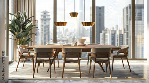 Urban Opulence  A Modern Dining Room in Luxury Living Space  Showcasing Sleek Wooden Furniture and Stylish Decorative Lamps Against a Breathtaking Cityscape Backdrop