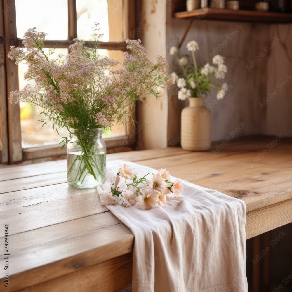 b'A beautiful bouquet of flowers on a wooden table near the window'
