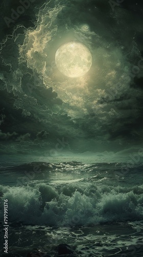 b'Full moon rising over a stormy sea'