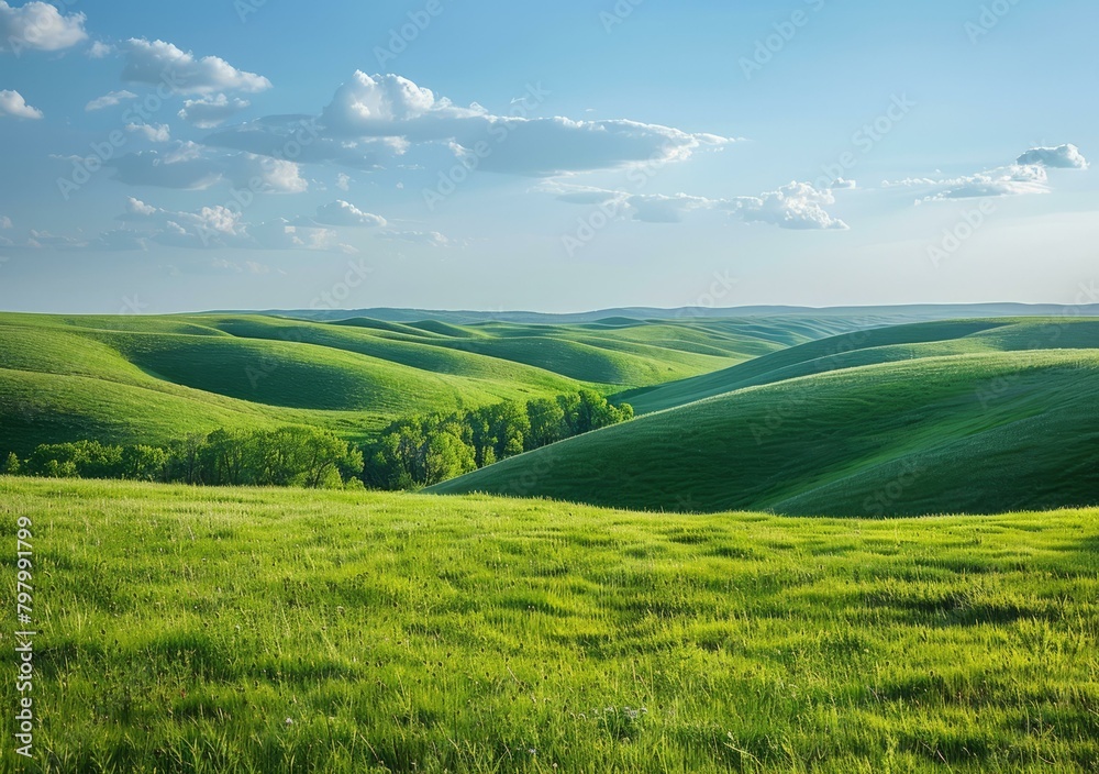 Fototapeta premium b'Green rolling hills under blue sky with white clouds'