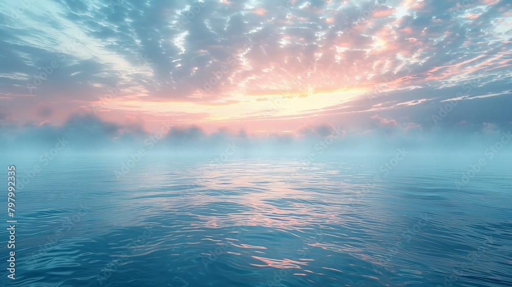 Foggy lake at sunrise with vibrant sky
