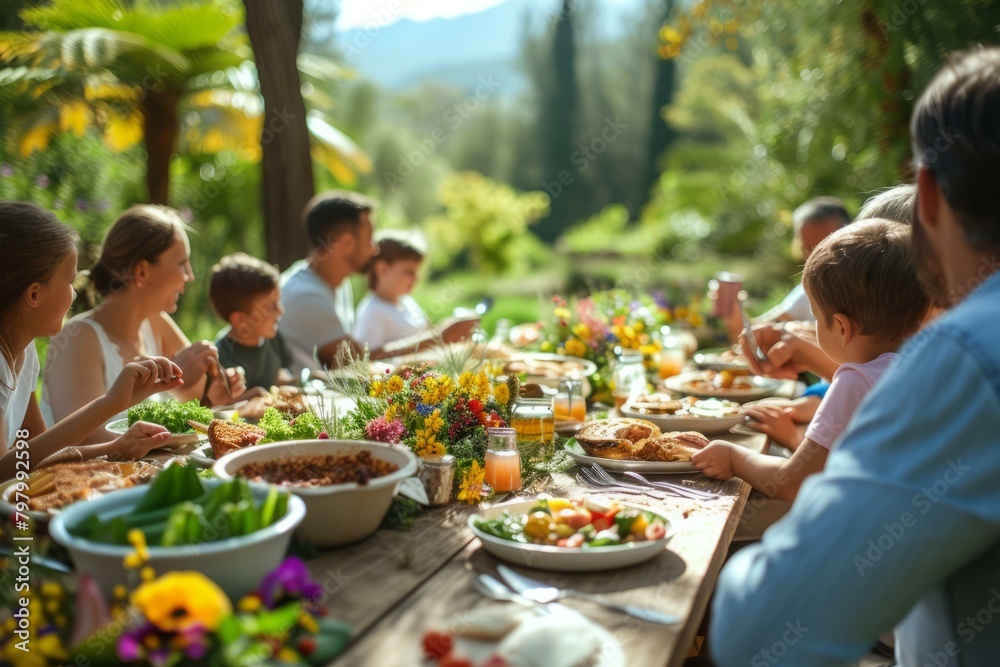 b'Multigenerational family having lunch in a garden' b'Multigenerational family having lunch in a garden'