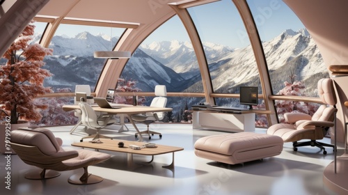 b'Modern Minimalist Office Interior Design with Mountain Views' © Adobe Contributor