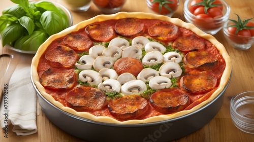 b'A delicious pizza with pepperoni, mushrooms, and tomatoes'