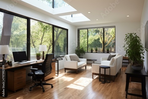 b A home office with a large windows and a comfortable seating area 